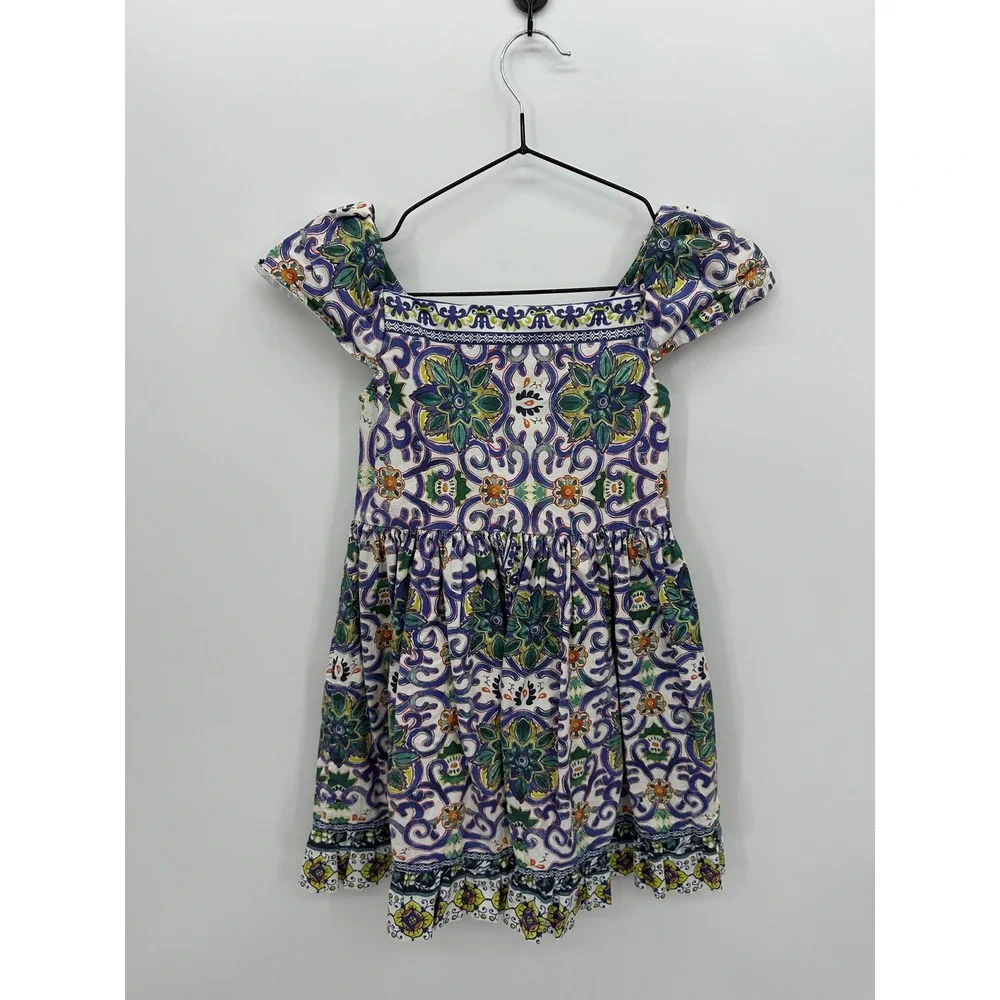 Edgehill Collection Girls 6X Blue Green Mediterranean Tile Print Flutter Dress